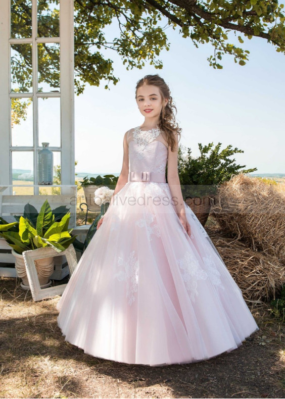 Ivory Lace Pink Tulle Keyhole Back Garden Flower Girl Dress